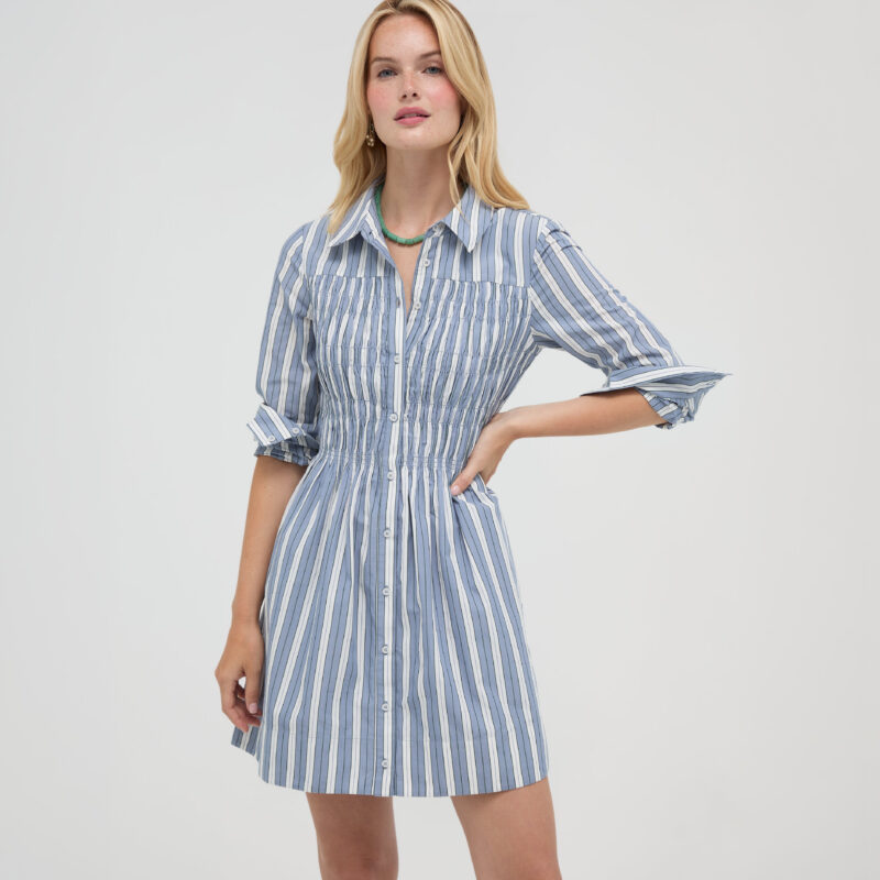 The Mira Dress - Coln Ticking Stripe Dusty Blue Hill House