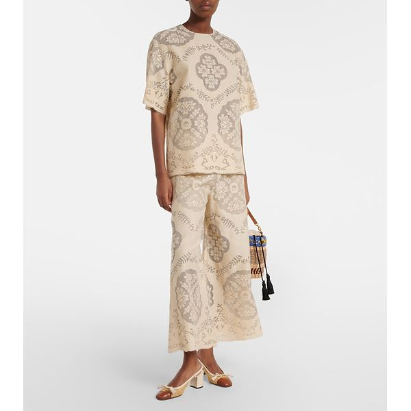 VALENTINO - Embroidered Cotton Blend Wide Leg Pants Mytheresa
