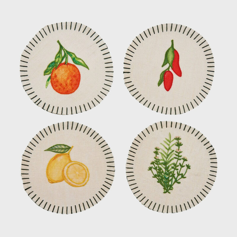 Vegetables Embroidered Linen Coasters (Set of 4) Misette