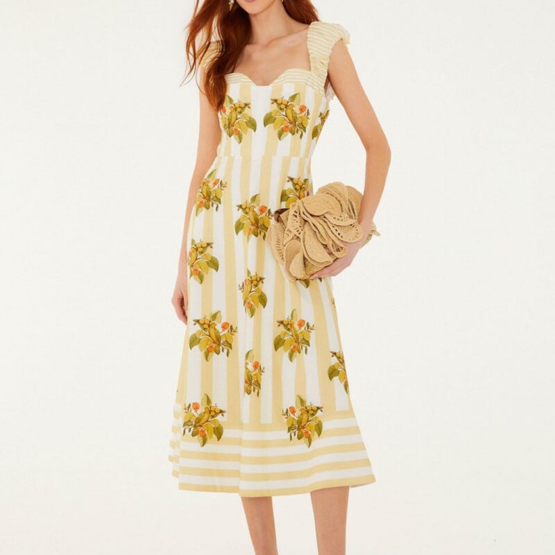 Yellow Lemon Birds Sweetheart Neck Midi Dress FarmRio US
