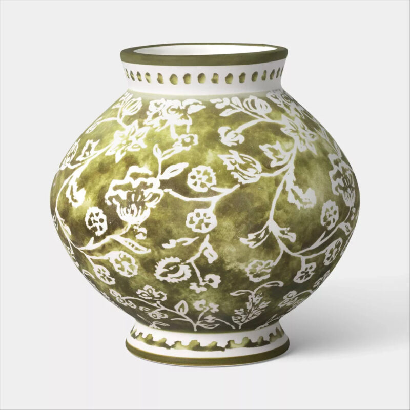 Short Floral Painted Ceramic Vase Green - Threshold™