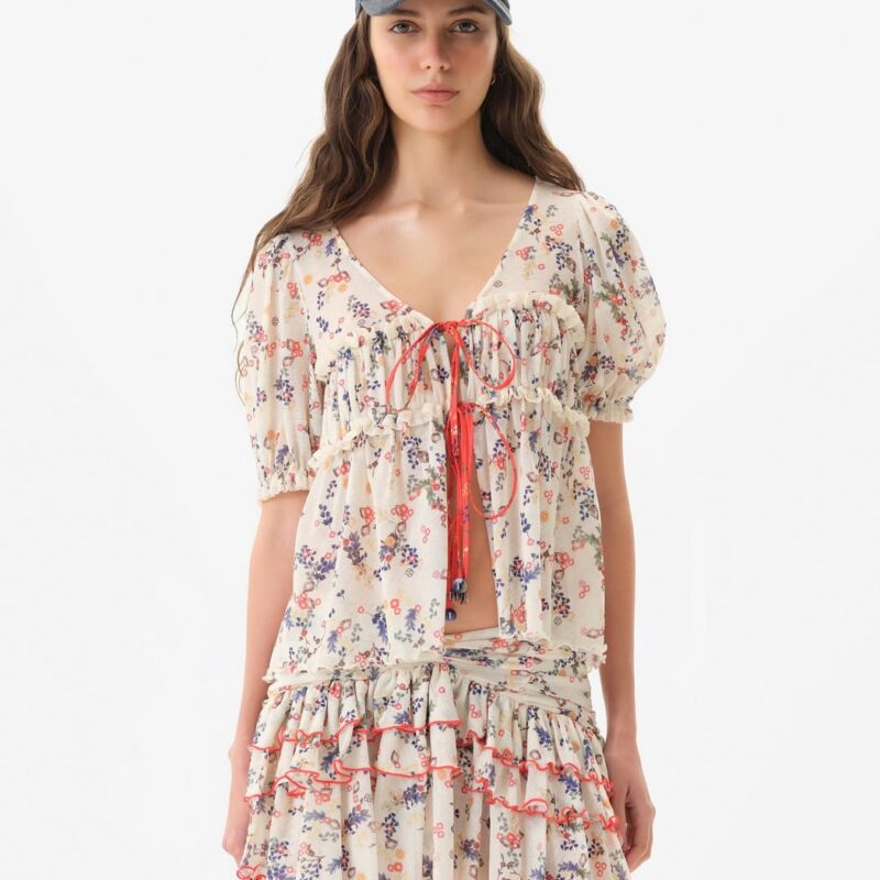 Siedrés EMMA - Floral print v-neck mesh top with cntrast bust tie detail — image 1 of 6