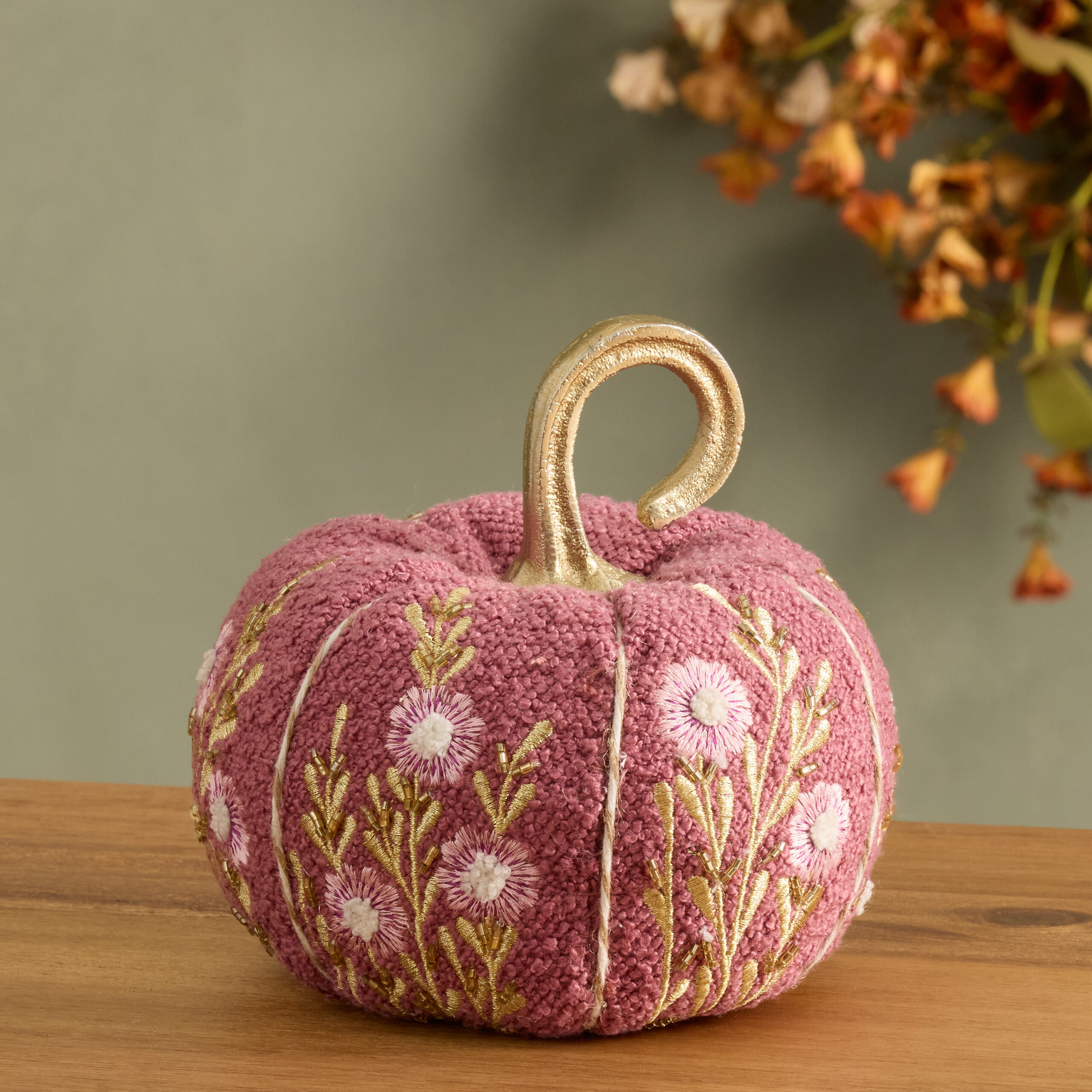 Small Boucle Floral Embroidered Pumpkin Decor