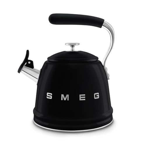 SMEG Stovetop Whistling Kettle – 50s Retro Style, 2.3 Liter (10 Cup / 2.4 Quart) Stainless Steel Tea Kettle with Iconic Design & Whistle – Premium Kitchen Statement Piece-Black