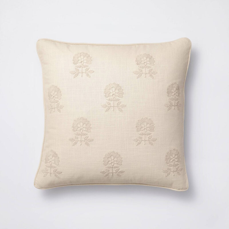 Square Embroidered Floral Decorative Throw Pillow Light Beige - Threshold™ designed with Studio...