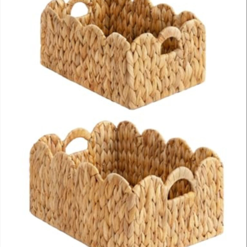 StorageWorks Scalloped Edge Wicker Basket, Hand-woven Rattan Baskets with Built-in Handles, Water Hyacinth Basket for Organizing and Decor, 2 Pack