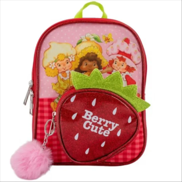 Strawberry Shortcake 9” Micro Mini Backpack Purse Featuring Glitter PU, Diecut Strawberry Pocket & Pompom Dang
