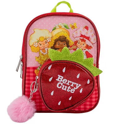 Strawberry Shortcake 9” Micro Mini Backpack Purse Featuring Glitter PU, Diecut Strawberry Pocket & Pompom Dangle, Red