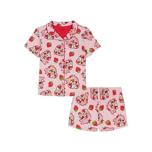 Strawberry Shortcake Girls' 2-piece Loose-fit Button Down Matching Pajama Set, Soft & Cute Pajamas for Kids