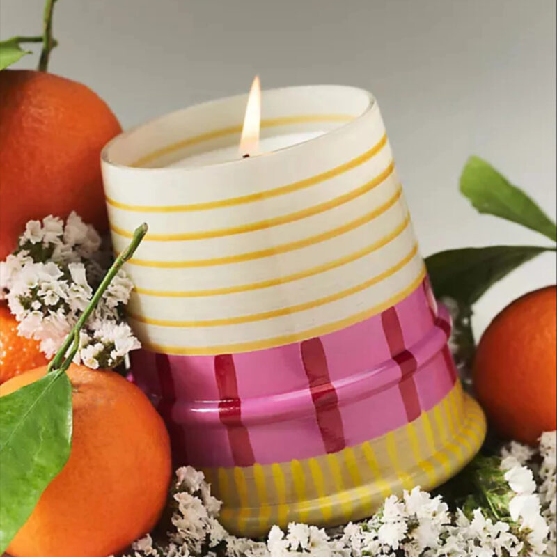 Striped Lighthouse Floral Seaside Flowers & Sandalwood Glass Candle