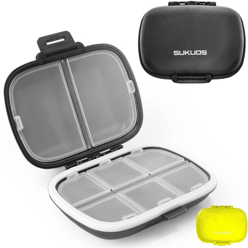 Sukuos Daily Use Pill Organizer Case, 8 Easy to Open Compartments, X-Large Portable Travel Pill B...