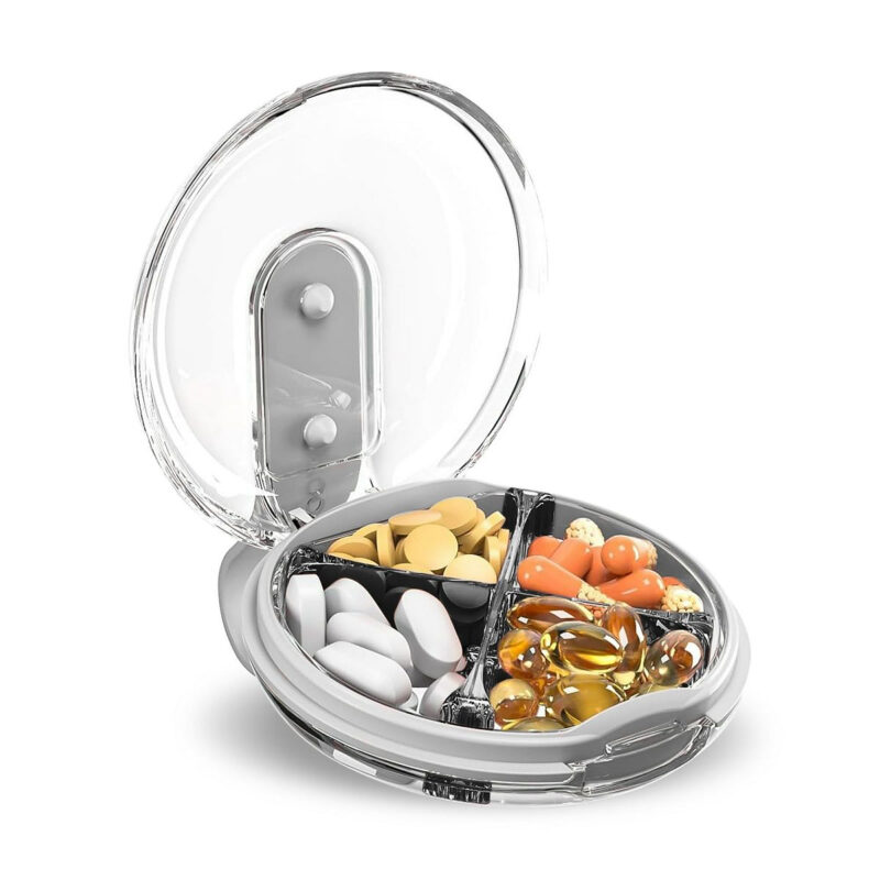 Sukuos Daily Use Round Pill Organizer 1 Pack, 4 Compartments, Portable Travel Pill Box, Medicine ...