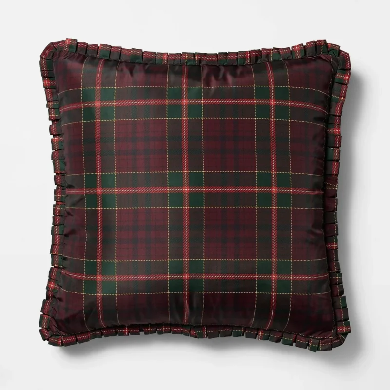 24"x24" Oversized Burgundy Tartan Taffeta Ruffle Pillow - Threshold™ designed with Studio McGee