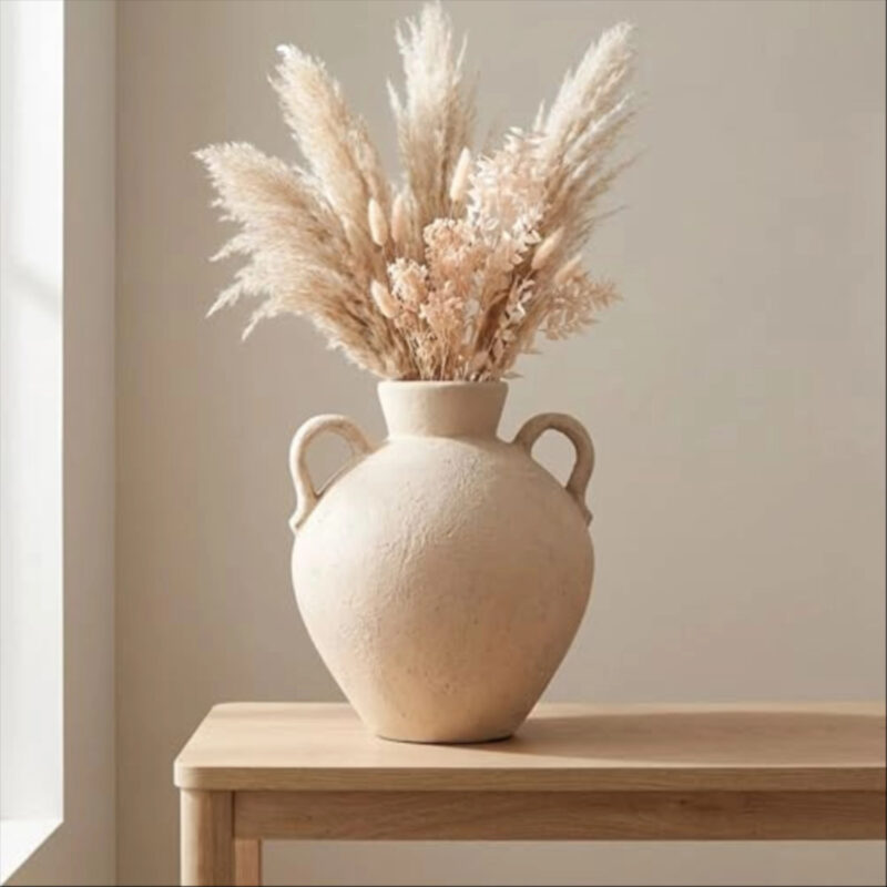 Terracotta Decorative Vase - Flower Holder for Fresh or Dried Stems, Living Room or Entryway Tabletop Decor, Rustic Pottery Design Home Decor Accent – 17" , Ivory and Tan White