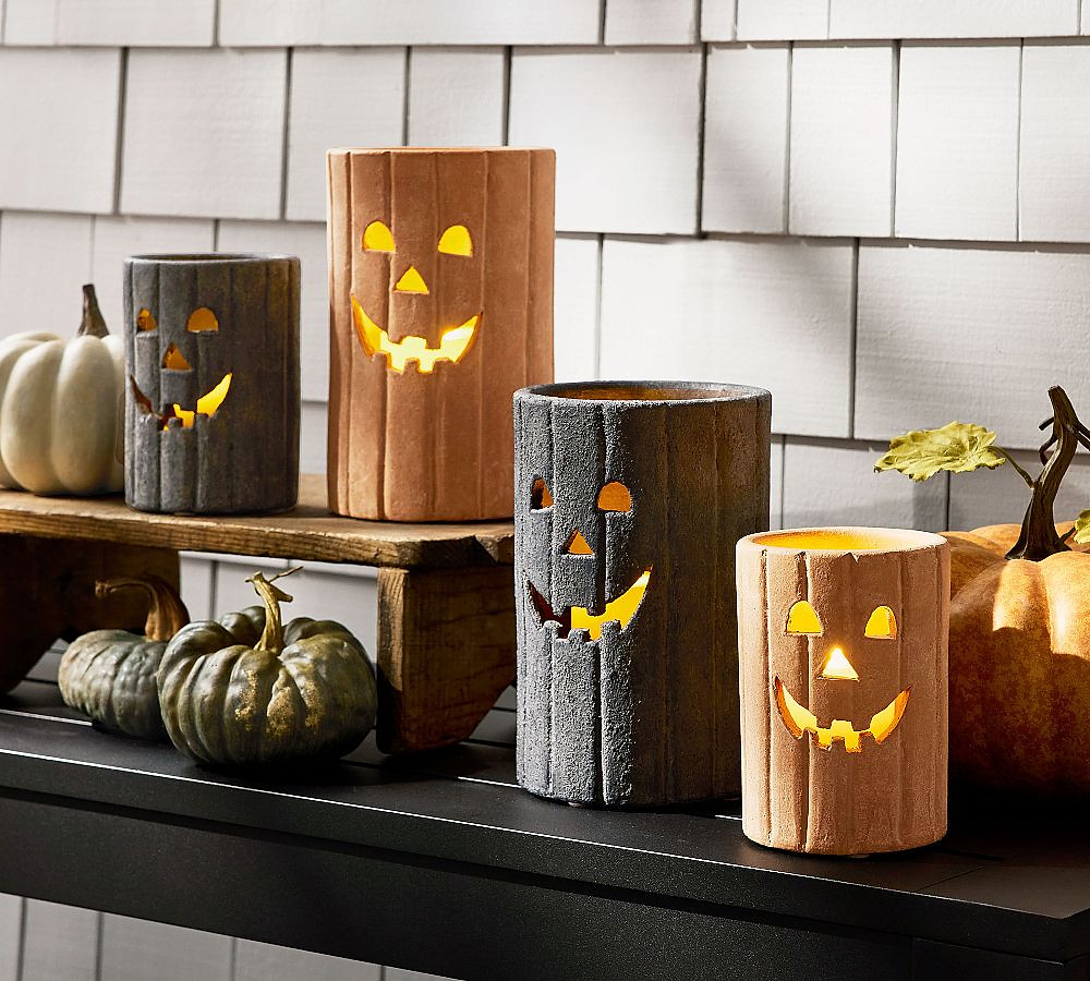 Terracotta Jack O'Lantern Hurricane Candle Holder