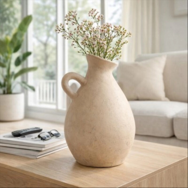 Terracotta Jug with Handle Vase for Living Room Decor - Decorative Home Accents for Bedroom, Office, and Table Centerpiece - 17", Ivory & Tan