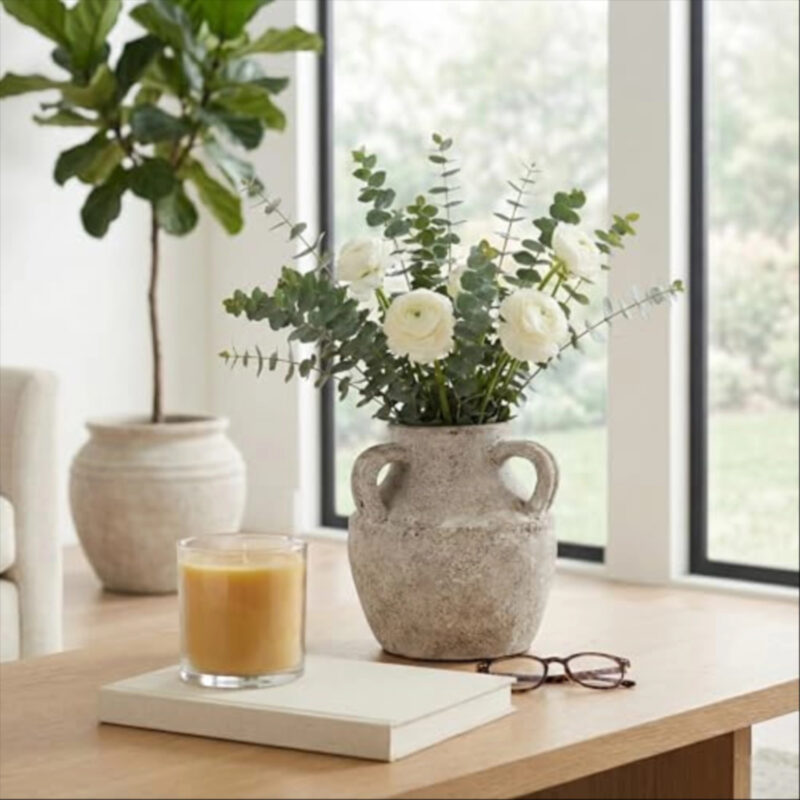 Terracotta Vase Decorative Pottery – Flower Holder for Stems or Greenery, Living Room or Entryway Shelf and Table, Textured Handled Home Decor Design – 10", Rustic Ivory and Tan White