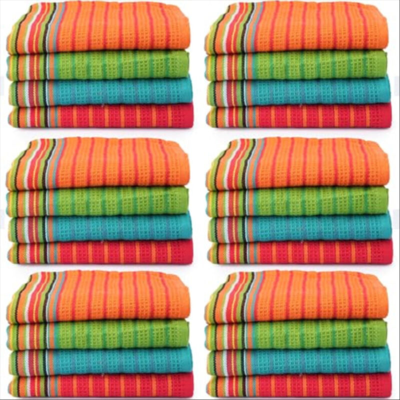TEXAS LINEN CO. Kitchen Dish Towels, 100% Cotton Salsa Towels, Set of 24 (16x28 Inches), Multi Purpose Cooking Drying Restaurant Bar Cleaning Cloth Napkin, Highly Absorbent, Lint Free, Multi-Color