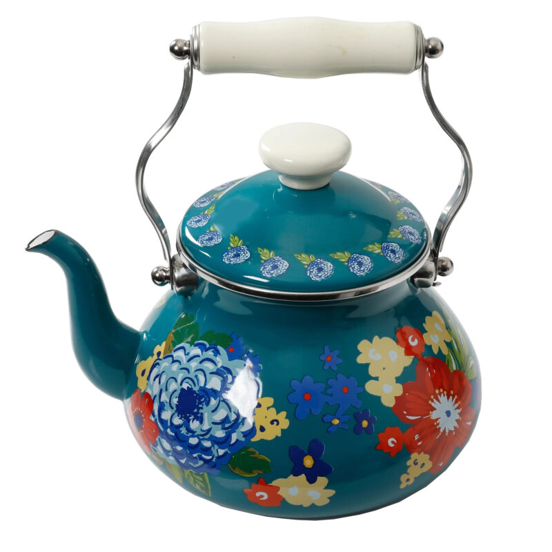 The Pioneer Woman Dazzling Dahlias Enamel on Steel 2 Quart Tea Kettle, Teal