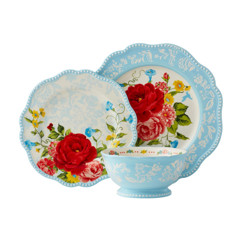 The Pioneer Woman Sweet Rose Light Blue Stoneware 12-Piece Dinnerware Set - Walmart.com