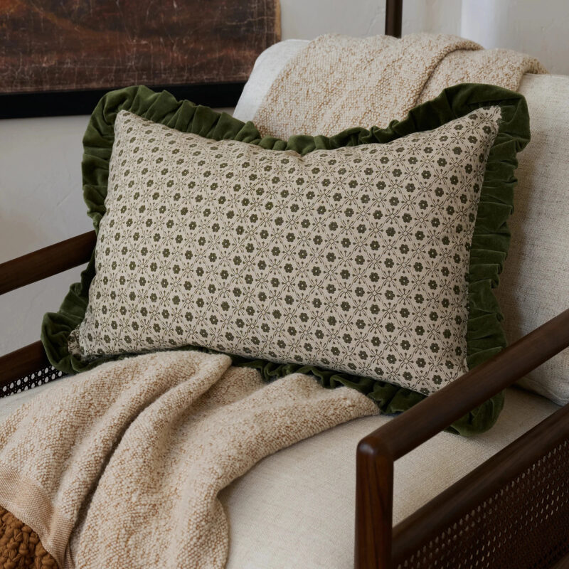 Thea Block Print Pillow with Velvet Ruffle Edge