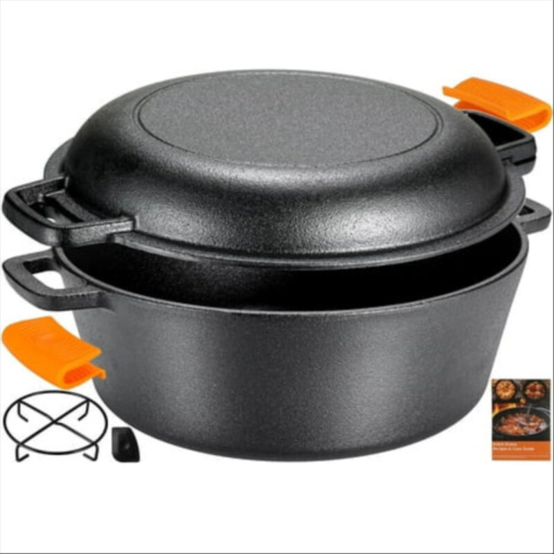 TLGREEN 7QT 2 in 1 Cast Iron Dutch Oven Pot, Pre-Seasoned Pot (5.1QT) and Skillet as a Lid (1.9QT) , for Oven, Stove, Grill, Campfire