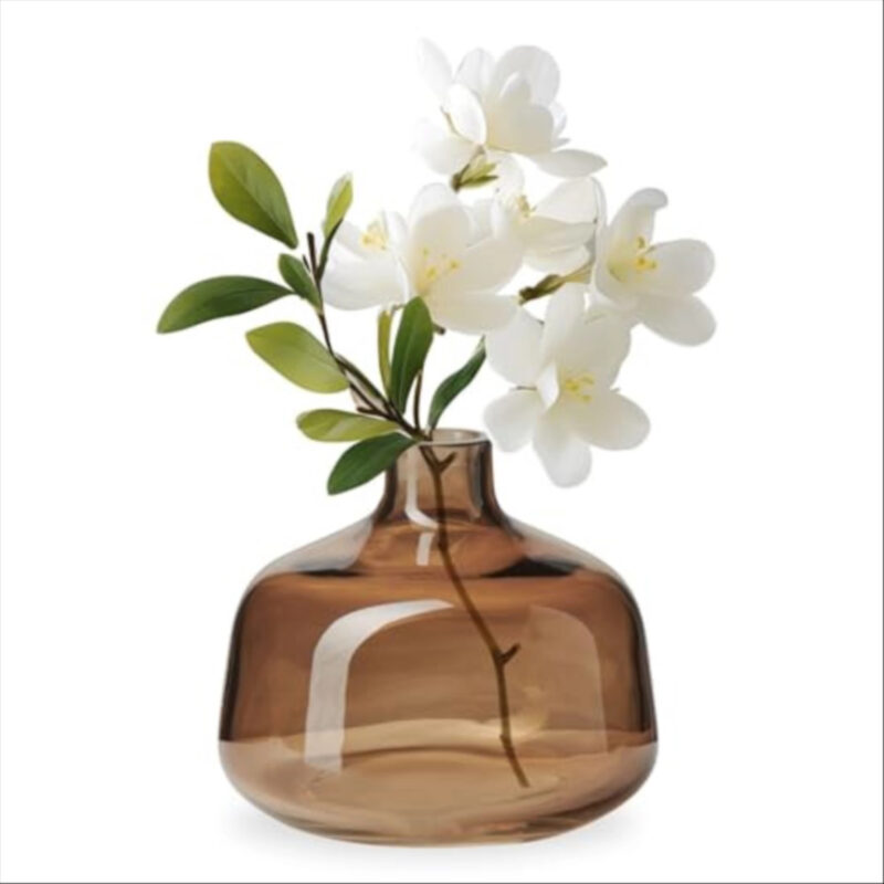 Torre & Tagus Belle Mouth Blown Art Glass Vase for Flowers - 4" Tall Clear Light Brown Colorful Vase, Handmade Small Brown Vases for Home Decor, Brown Bud Vases as Decorative Shelf Decor or Wedding