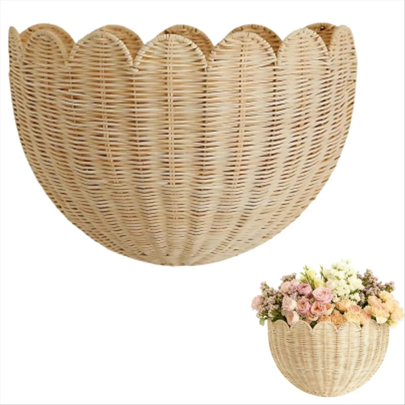 Triani 1Pcs Scalloped Wall Baskets Hand Woven Hanging Rattan Basket Hanging Woven Rattan Wall Bas...