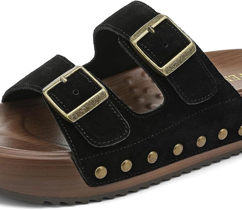 UBFEN Womens Platform Slide Sandals | Real Leather,Buckle Sandals with Cushioned Flatform Footbed...