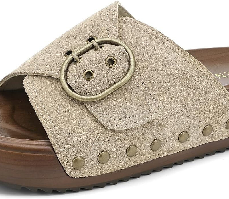 UBFEN Womens Platform Slide Sandals | Real Leather,Buckle Sandals with Cushioned Flatform Footbed...
