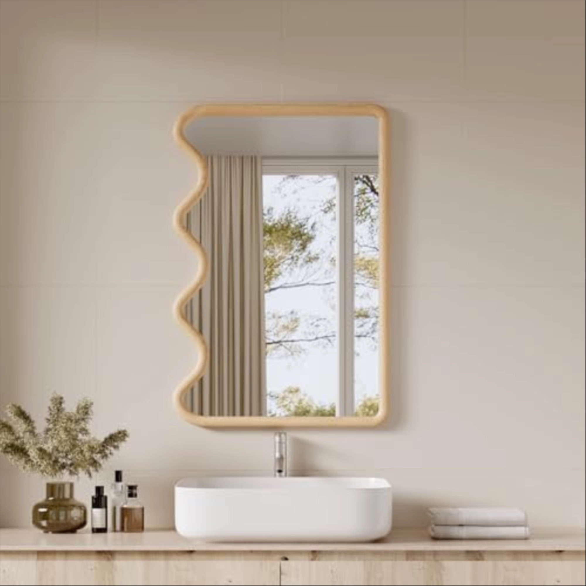 ULIKE Wavy Mirror for Wall, Rustic Wood Mirror for Bathroom Vanity, 24x36 Wooden Wall Mirrors Decorative for Bedroom, Living Room, Entryway, Natural