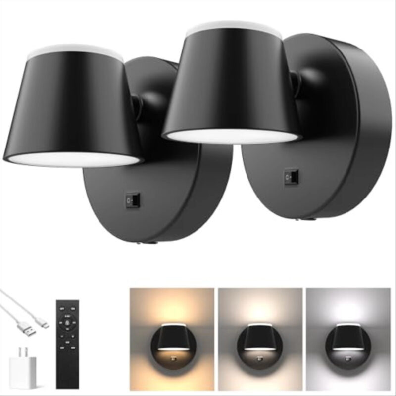 URSOLA Battery Operated Wall Lights Set of Two, LED Rechargeable Battery Wall Sconce with 9000mAh 3CCT and Dimmable Magnetic 360° Rotation Cordless Light for Bedroom（Black）