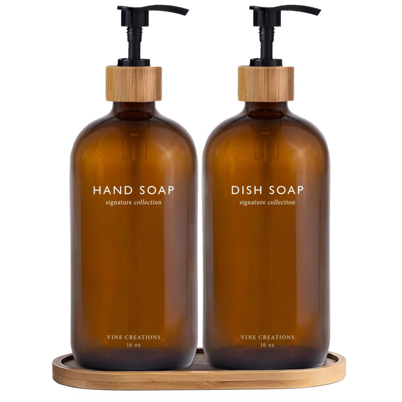 Vine Creations Amber Glass Soap Dispenser Set, Hand Soap and Dish Soap Dispenser Set with Bamboo ...