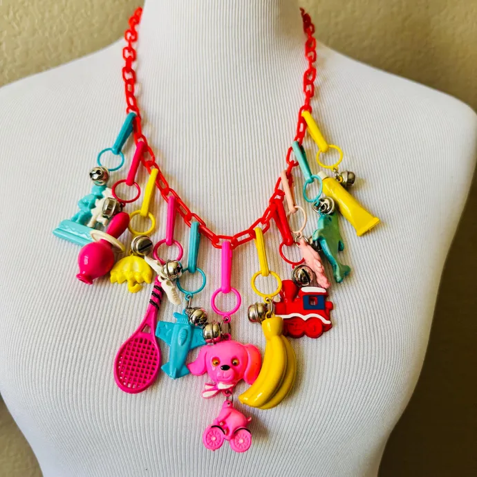 Vintage 1980's Plastic Bell Charm Necklace | 80's Plastic Clip-on Charms | Retro Colorful Plastic Char