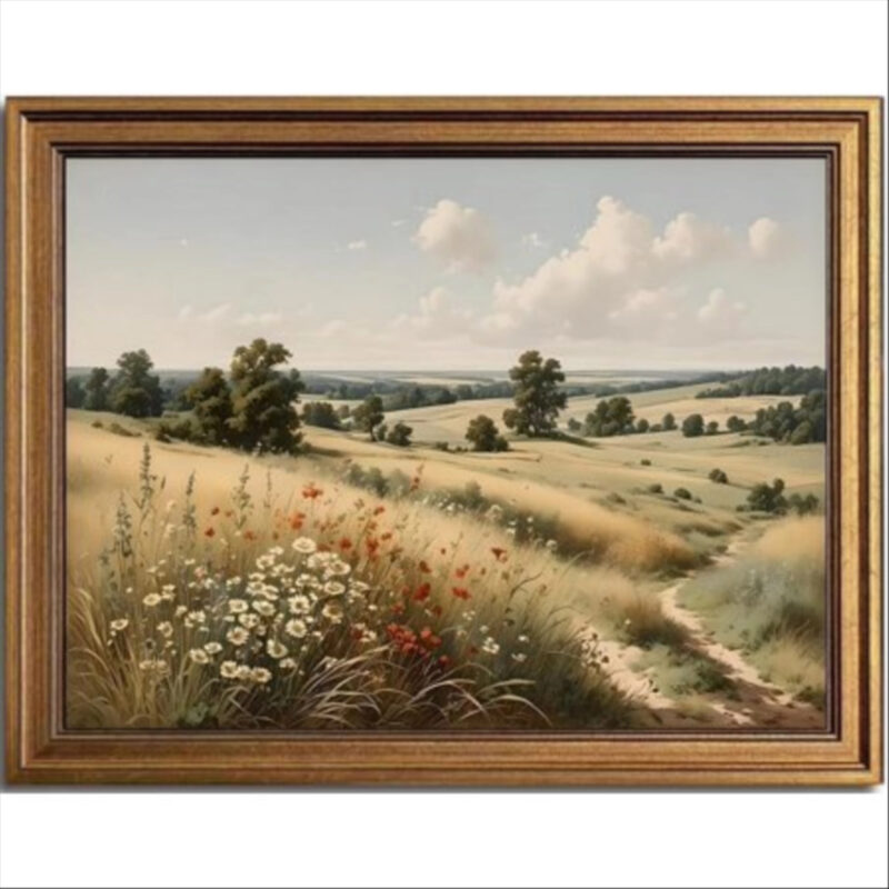 Vintage Wall Art Farmhouse Decor Serene Fields Wildflowers Vintage Landscape Painting, Retro Pastoral Canvas Prints for Wall Decor Small Bathroom Decor Wall Art for Living Room Bedroom