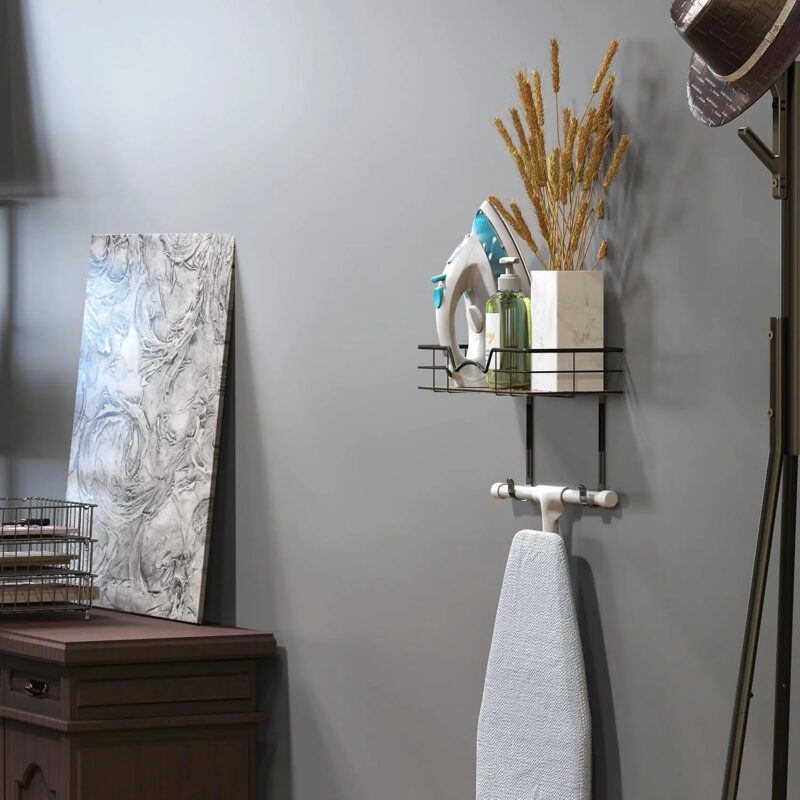 Wall Mount Ironing Board Holder With Hanger Storage Shelf, Black