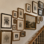A warm staircase gallery wall featuring framed family photographs, botanical prints, and landscape artwork.