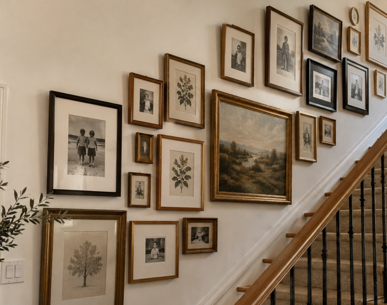 A warm staircase gallery wall featuring framed family photographs, botanical prints, and landscape artwork.