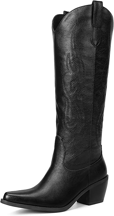 Western Cowboy Boots for Women - Knee High Wide Calf Cowgirl Boots, Slip On Pointed Toe Chunky He...