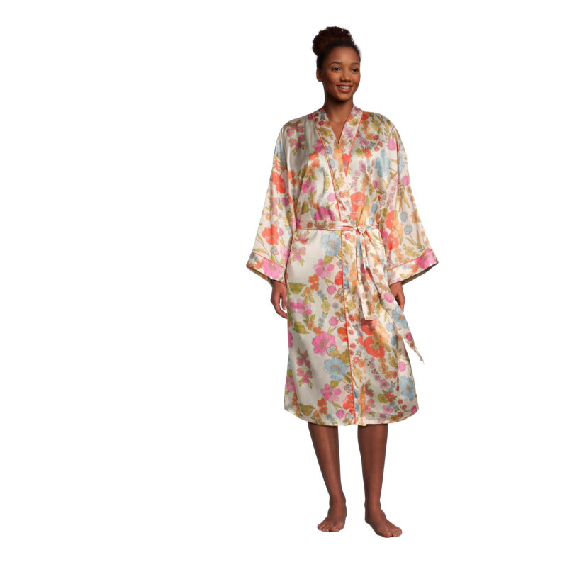 White Multicolor Satin Floral Robe