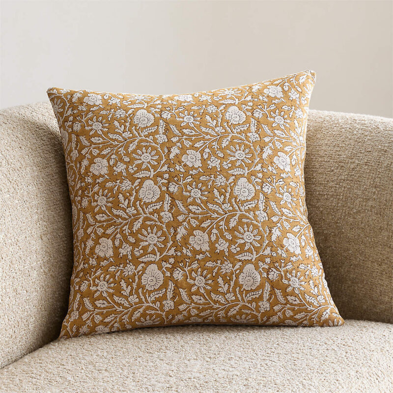 Whitney Linen 20"x20" Moroccan Ocher Floral Hand Printed Throw Pillow Cover + Reviews | Crate & B...