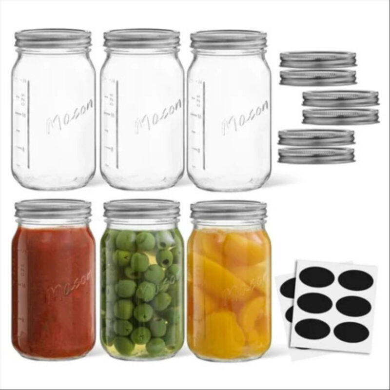 Wide Mason Jars with Airtight Lids, Labels and Measures - 32 oz - [Set of 6] Airtight Canning Jars, Glass Storage Jars