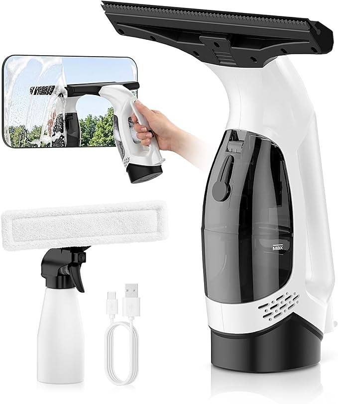 Window Vacuum Squeegee Cordless, 3-in-1 Electric Window Cleaner Tool with Spray & Microfiber Pad,...