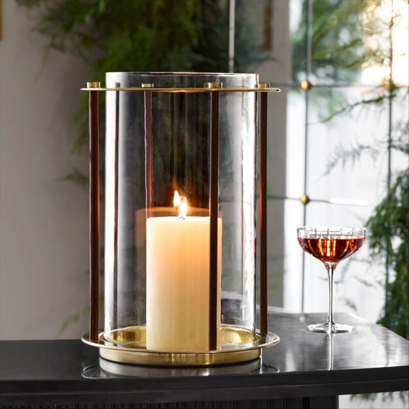 Winston Leather Wrapped Hurricane Candle Holder, Polished Nickel