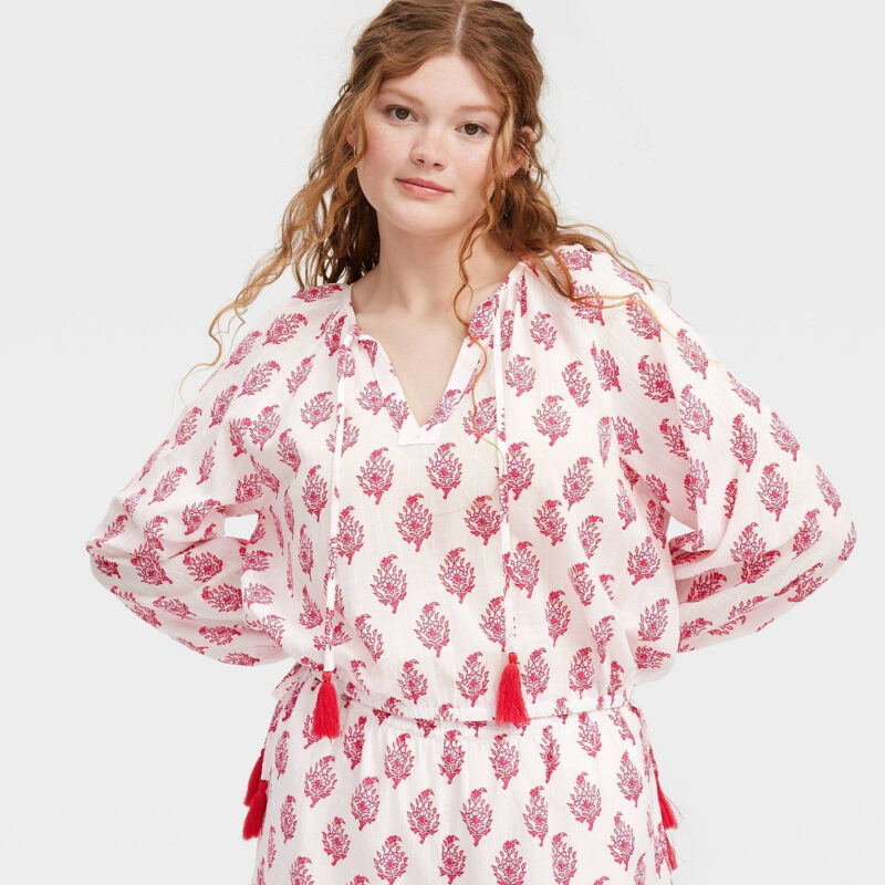 Women's Bouquet Long Sleeve Tie-Neck Boho Top Pink - Roller Rabbit x Target S