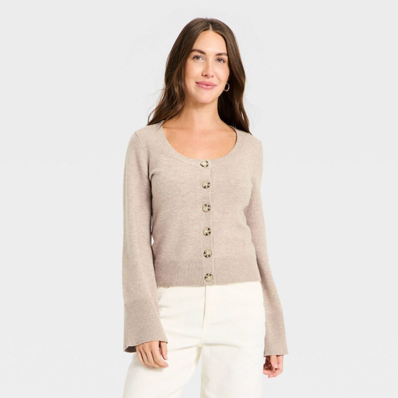 Women's Button-Down Scoop Neck Cardigan Sweater - Universal Thread™ Taupe M