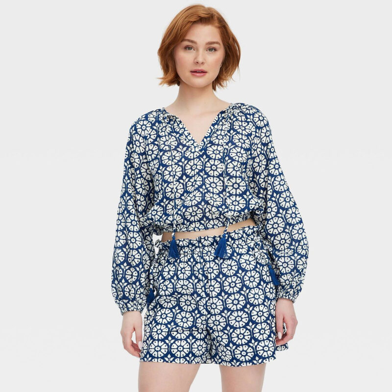 Women's Daisy Floral Long Sleeve Tie-Neck Boho Top Navy Blue - Roller Rabbit x Target XXS