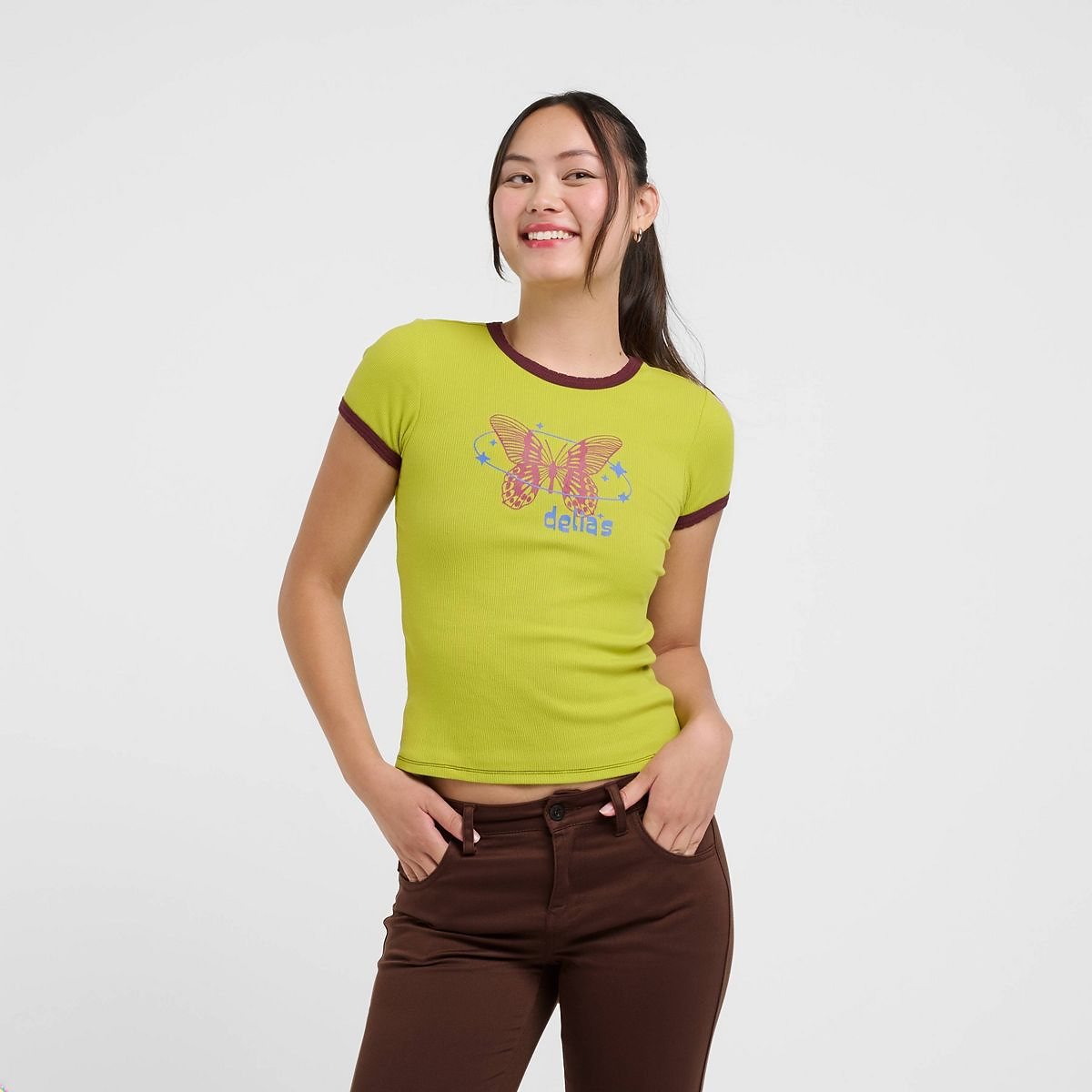 Women's dELiA*s Butterfly Baby Short Sleeve Graphic T-Shirt - Lime Green XXS