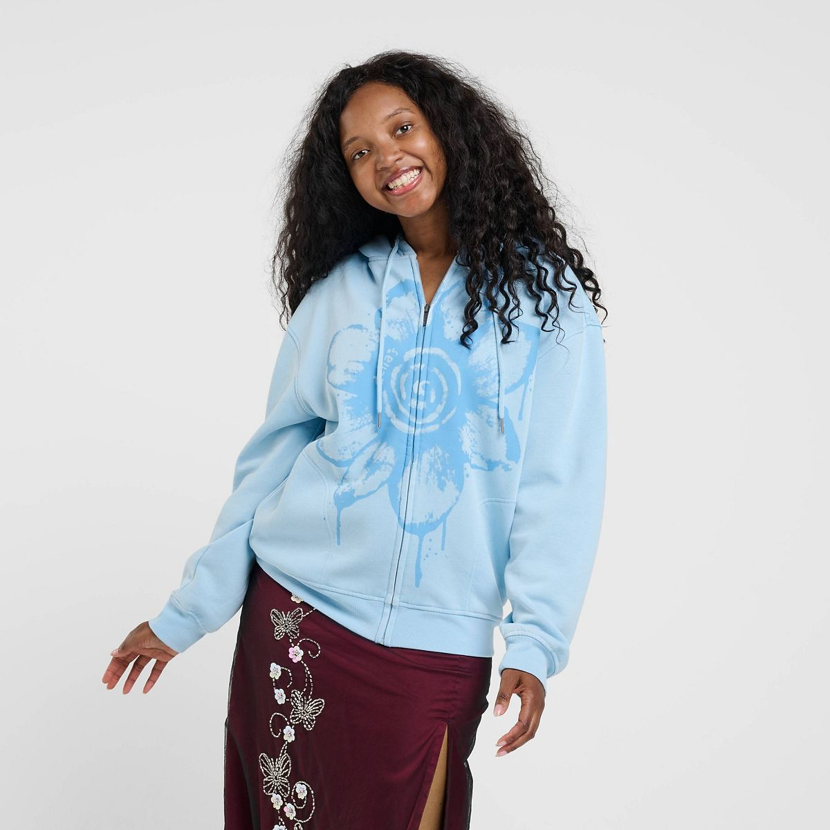 Women's dELiA*s Hooded Graphic Zip-Up Sweatshirt - Light Blue XXL