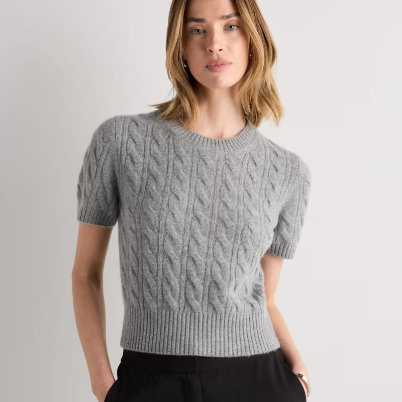 Women's Mongolian Cashmere Cable Tee in Heather Grey